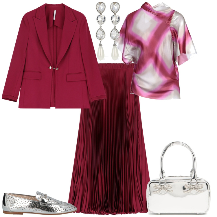 Outfit donna - Evento serata speciale. Stile Bon Ton per Serata fuori. Abbinamento con top, mocassini, blazer, gonne lunghe, orecchini, borse a mano.