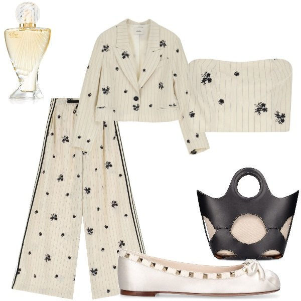 Outfit donna - Domenica mattina. Stile Trendy per Tutti i giorni. Abbinamento con profumi, pantaloni, top, blazer, ballerine, borse a mano.