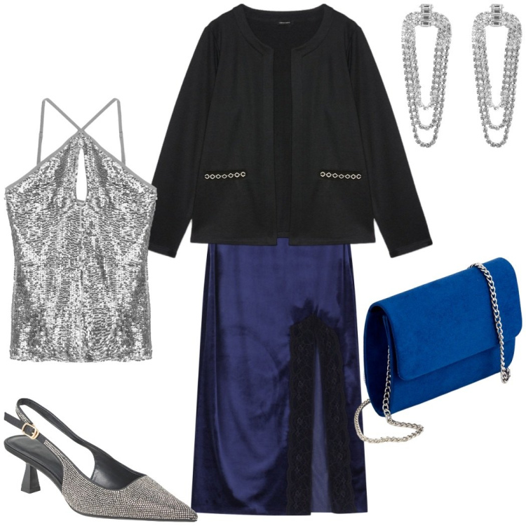 Outfit donna - Serata scintillante. Stile Glamour per Serata fuori. Abbinamento con orecchini, décolleté, top, gonne longuette, blazer, pochette.