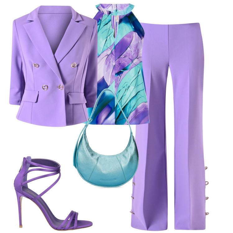 Outfit donna - City. Stile Urban per Tutti i giorni. Abbinamento con sandali in pelle, pantaloni a palazzo, top, blazer, borse a spalla.