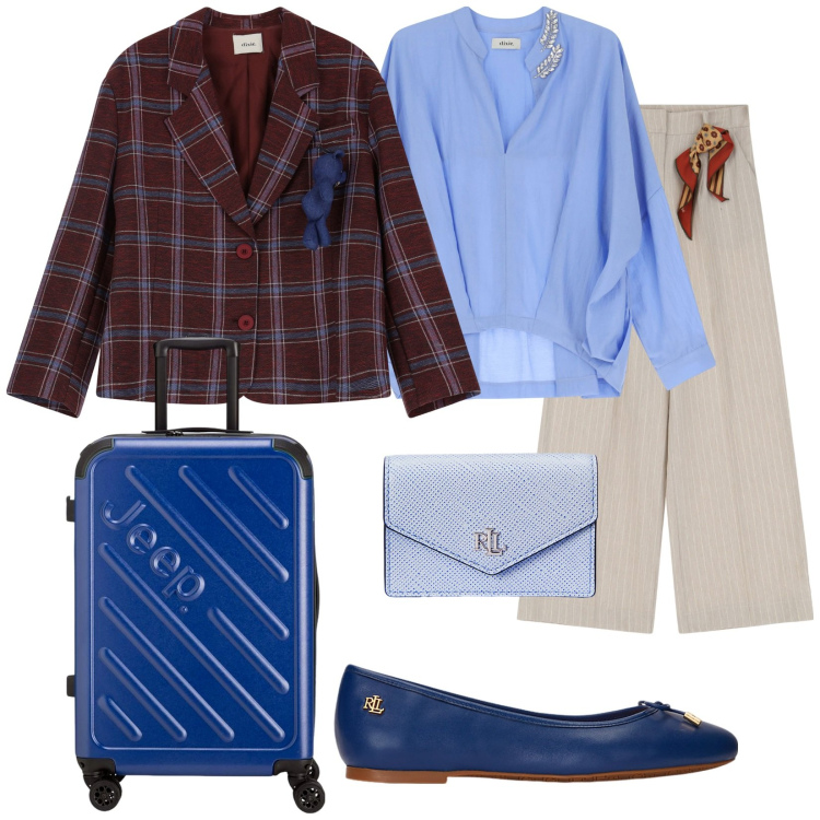 Outfit donna - Diretta a Siviglia. Stile Trendy per Tutti i giorni. Abbinamento con ballerine, portafogli, camicie, blazer, pantaloni a palazzo, valigie.
