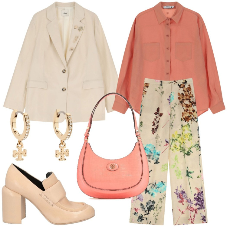 Outfit donna - Pranzo di lavoro. Stile Chic per Tutti i giorni. Abbinamento con mocassini, camicie, pantaloni a palazzo, blazer, borse a spalla, orecchini.