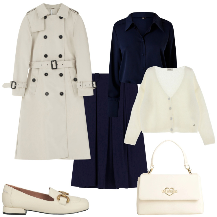 Outfit donna - Total look #2086654. Stile Bon Ton per Ufficio. Abbinamento con borse a mano, mocassini, trench, cardigans, gonne longuette, camicie.