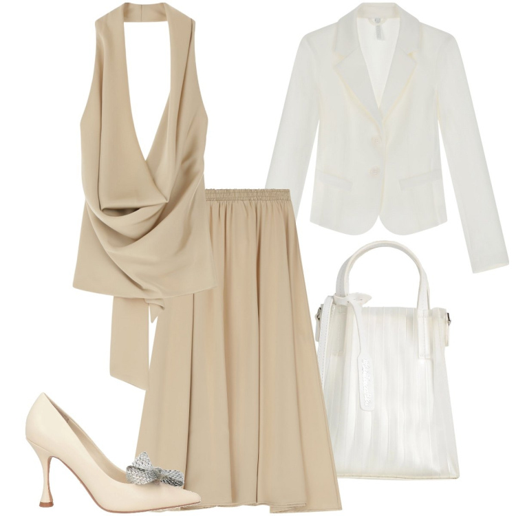 Outfit donna - Il completo caffè latte. Stile Chic per Cerimonia. Abbinamento con décolleté, borse a mano, top, blazer, gonne lunghe.
