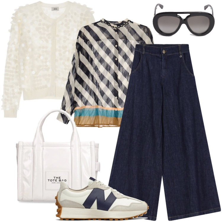 Outfit donna - Grandi paillettes. Stile Urban per Tutti i giorni. Abbinamento con sneakers, cardigans, camicie, jeans, shopping bag, occhiali da sole.