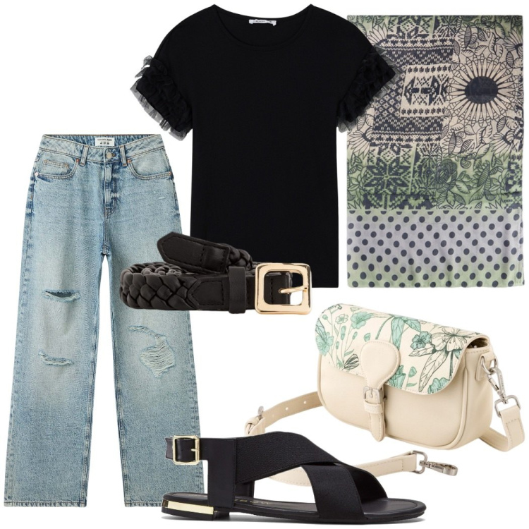 Outfit donna - Serata all\' aperto. Stile Casual chic per Serata fuori. Abbinamento con sandali, t-shirt, jeans strappati, stole, borse a tracolla, cinture.