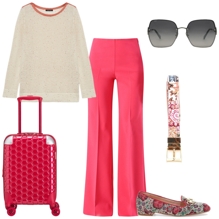 Outfit donna - Weekend fuori casa. Stile Casual chic per Tutti i giorni. Abbinamento con occhiali da sole, pantaloni a palazzo, mocassini, maglieria, cinture, valigie.
