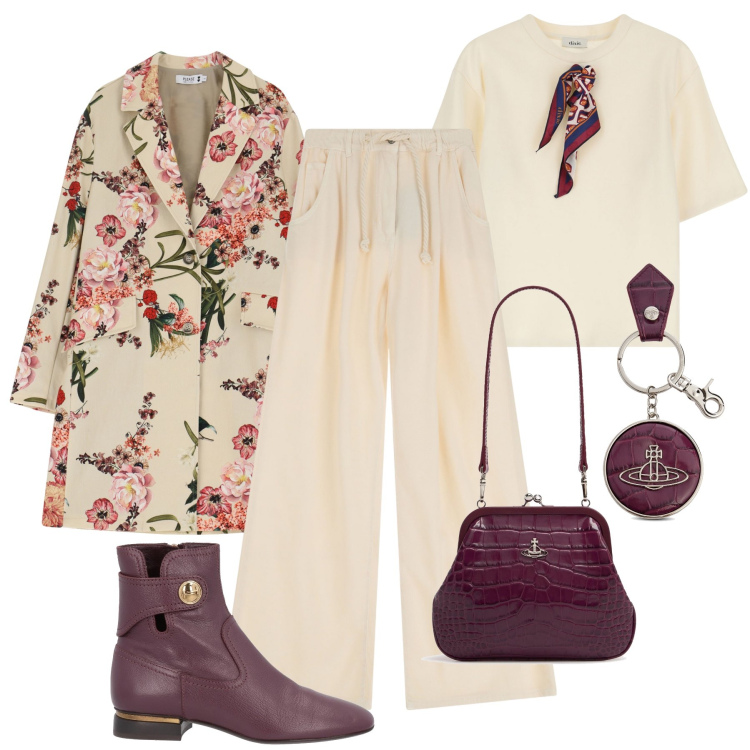 Outfit donna - Il trench floreale per 1000 occasioni. Stile Casual chic per Tutti i giorni. Abbinamento con stivaletti, trench, jeans, t-shirt, pochette, portachiavi.