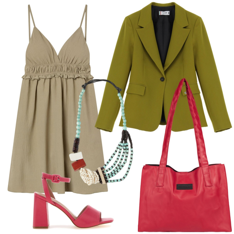 Outfit donna - Sfumature di verde. Stile Bon Ton per Tutti i giorni. Abbinamento con vestiti corti, blazer, collane, shopping bag, sandali col tacco.
