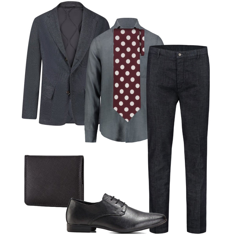 Outfit uomo - Nei toni del grigio. Stile Business/Elegante per Cerimonia. Abbinamento con scarpe stringate, giacche, cravatte, pantaloni, camicie, portamonete.