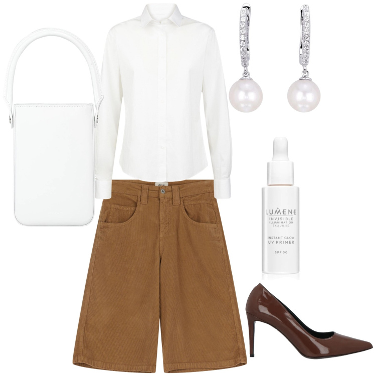 Outfit donna - Chic pure in bermuda. Stile Sporty chic per Ufficio. Abbinamento con décolleté, borse a mano, primer, orecchini, bermuda, camicie.