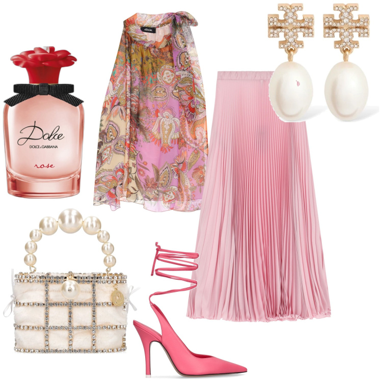 Outfit donna - My idea of spring. Stile Bon Ton per Cerimonia. Abbinamento con profumi, gonne lunghe, top, orecchini, décolleté, pochette.