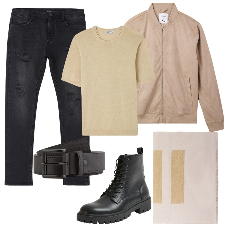 Outfit uomo - Casual, Country e Urban. Stile Casual per Tutti i giorni. Abbinamento con jeans strappati, bomber, t-shirt, anfibi, sciarpe e foulard, cinture.
