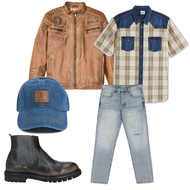 Outfit uomo - Ci siamo quasi al country. per Tutti i giorni. Abbinamento con giacche, camicie a manica corta, stivali e stivaletti, jeans strappati, cappelli.