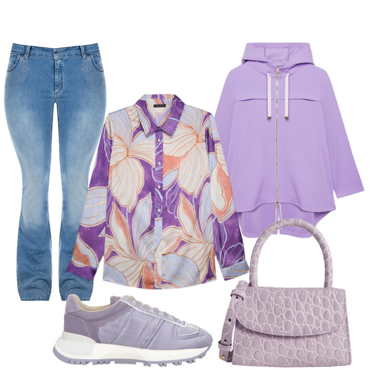 Outfit donna - In città. Stile Casual chic per Tutti i giorni. Abbinamento con sneakers, borse a mano, jeans a zampa, parka, camicie.