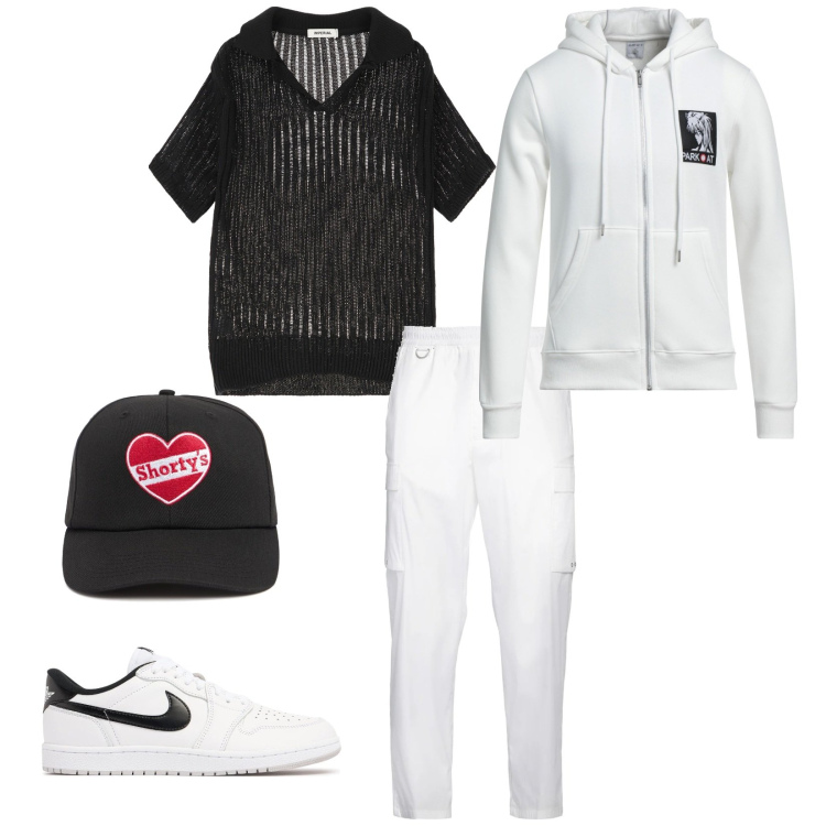 Outfit uomo - Bianco e nero. per Mare. Abbinamento con felpe con cappuccio, pantaloni cargo, maglieria, sneakers, cappelli.