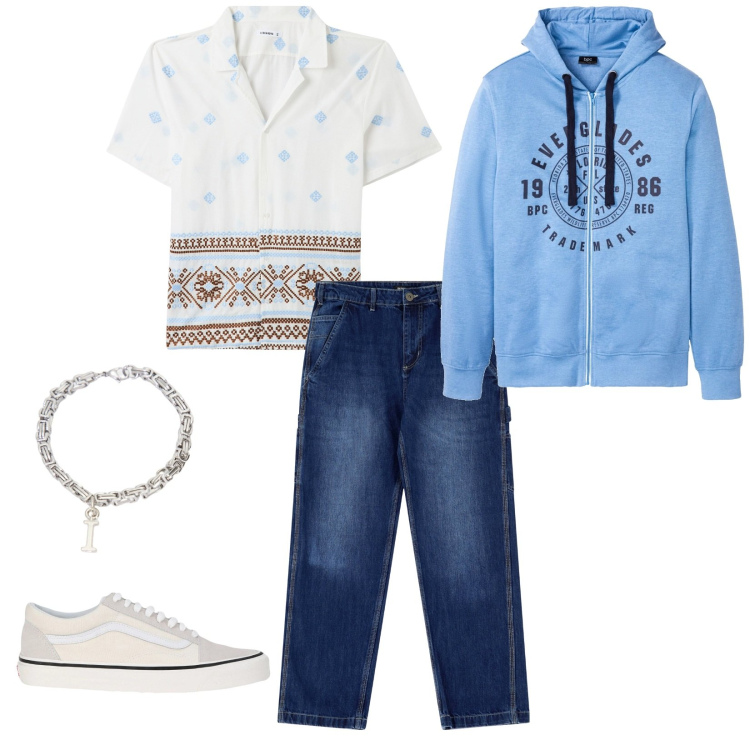 Outfit uomo - Fresco in Grecia. per Mare. Abbinamento con felpe con cappuccio, sneakers, camicie a manica corta, jeans dritti, braccialetti.