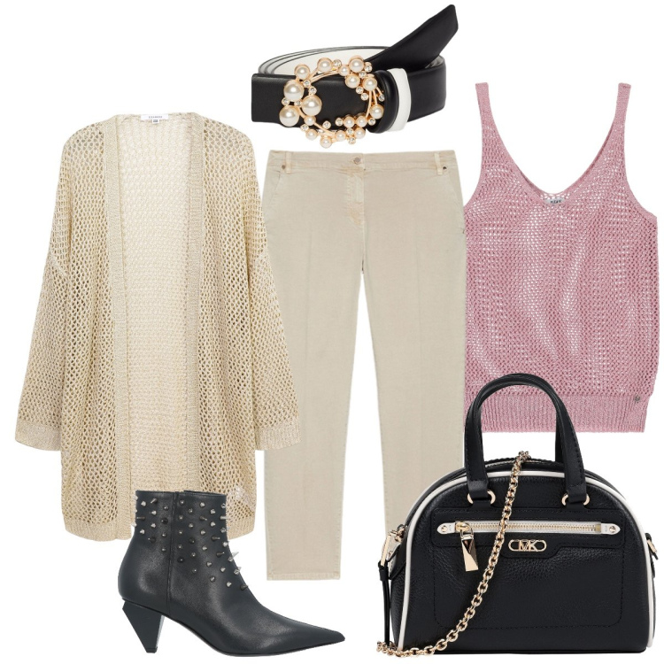 Outfit donna - Total look #2086746. Stile Minimal per Tutti i giorni. Abbinamento con borse a mano, stivaletti, kimono, canottiere, pantaloni chino, cinture.
