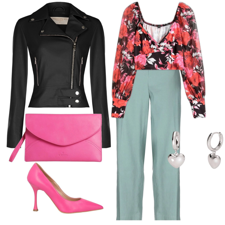 Outfit donna - Chiodo da aperitivo. Stile Glamour per Serata fuori. Abbinamento con bluse, pantaloni, borse a mano, décolleté, orecchini, giacche.