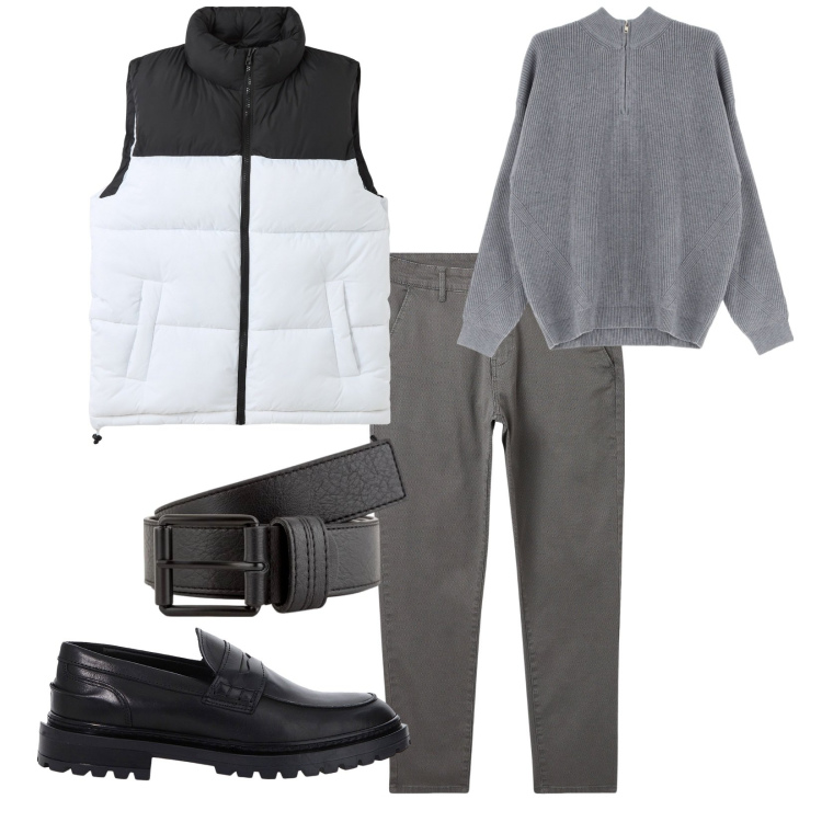Outfit uomo - Casual. per Tutti i giorni. Abbinamento con piumini, pantaloni chino, scarpe stringate, maglieria, cinture.