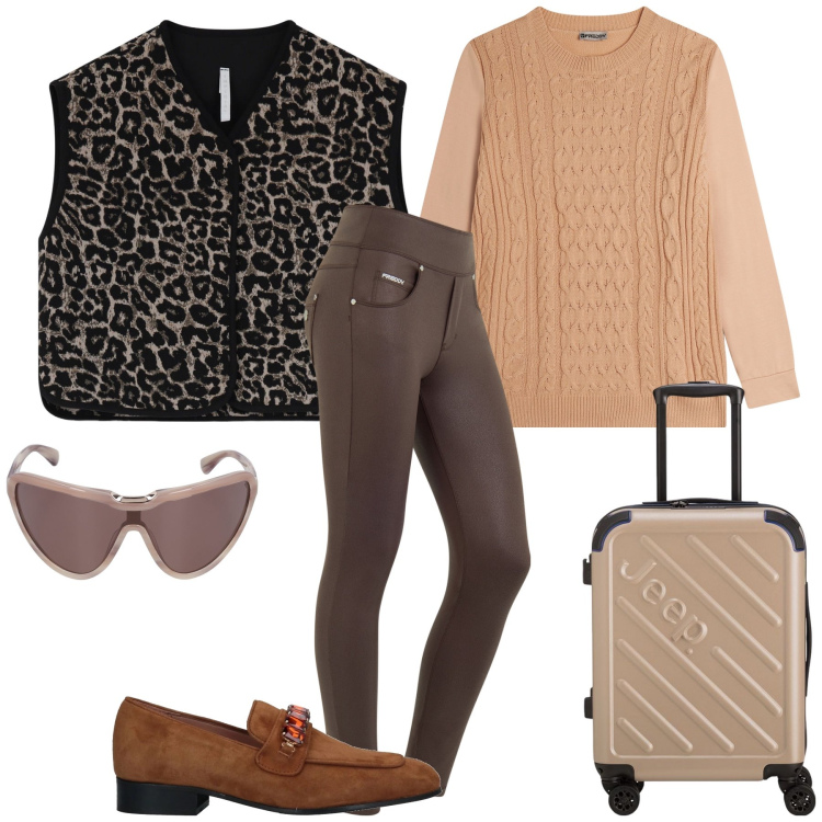 Outfit donna - Il gilet da viaggio. Stile Urban per Tutti i giorni. Abbinamento con mocassini, gilet, jeans skinny, maglieria, occhiali da sole, valigie.