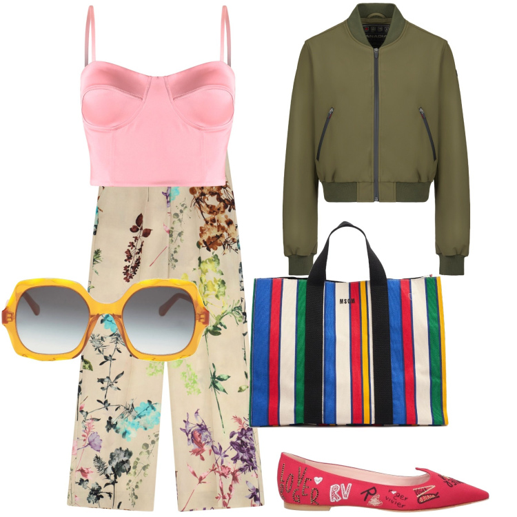 Outfit donna - Decisamente a colori. Stile Trendy per Tutti i giorni. Abbinamento con occhiali da sole, ballerine, canottiere, pantaloni a palazzo, bomber, shopping bag.