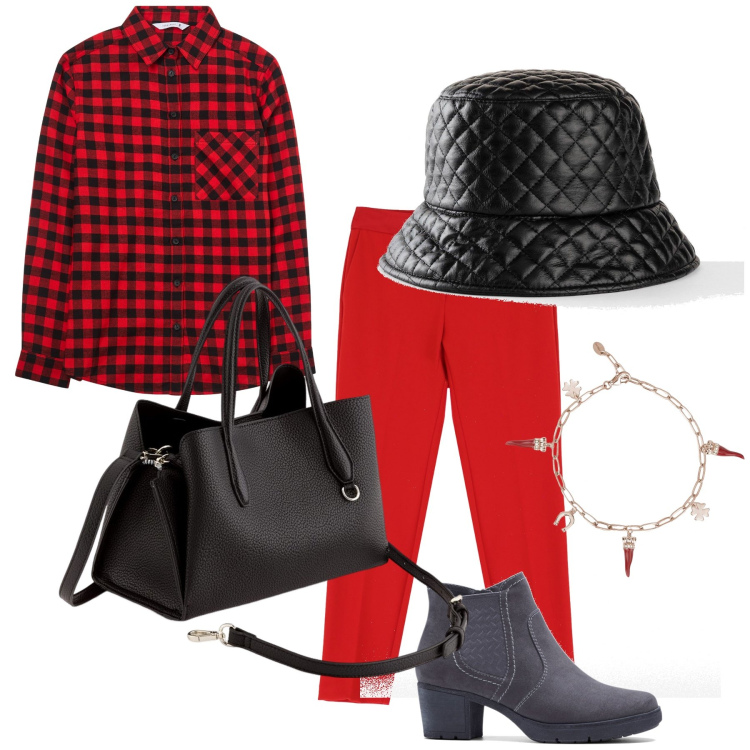 Outfit donna - Un salto al negozio. Stile Urban per Tutti i giorni. Abbinamento con stivaletti, cappelli con visiera, camicie, braccialetti, pantaloni, borse a mano.