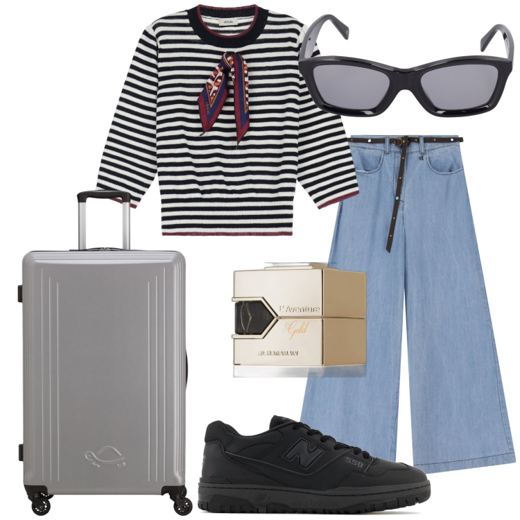Outfit donna - Vado a Venezia. Stile Casual chic per Tutti i giorni. Abbinamento con profumi, sneakers, jeans, maglieria, occhiali da sole, valigie.