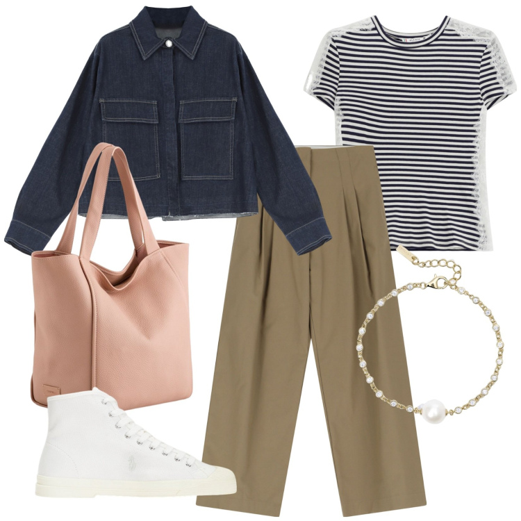 Outfit donna - Stile costa francese. Stile Basic per Tutti i giorni. Abbinamento con braccialetti, pantaloni, blazer, t-shirt, sneakers alte, shopping bag.