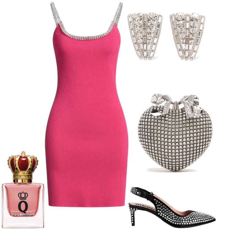 Outfit donna - The queen. Stile Sexy per Serata fuori. Abbinamento con décolleté, vestiti corti, profumi, pochette, orecchini.