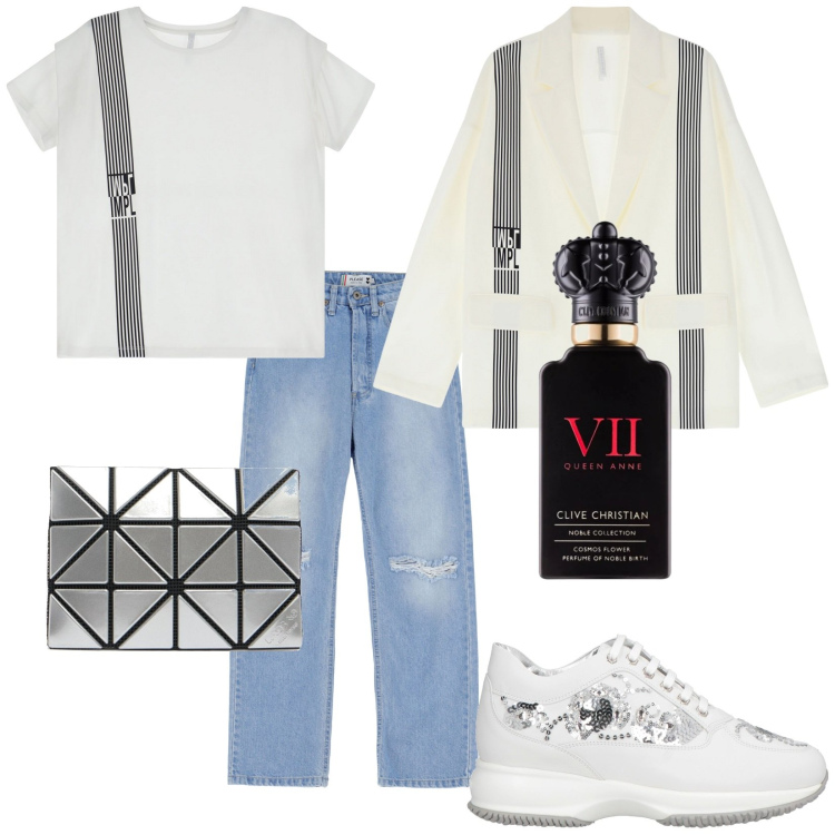 Outfit donna - Total look #2086774. Stile Casual per Tutti i giorni. Abbinamento con sneakers, profumi, jeans strappati, blazer, t-shirt, portafogli.