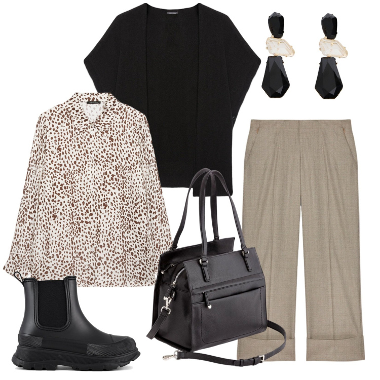 Outfit donna - Cappa e camicia. Stile Casual per Ufficio. Abbinamento con orecchini, stivali, pantaloni, cappe, camicie, shopping bag.