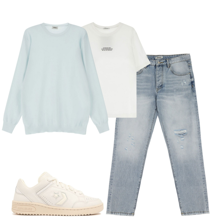Outfit uomo - City. Stile Casual per Tutti i giorni. Abbinamento con jeans strappati, maglieria, t-shirt, sneakers.
