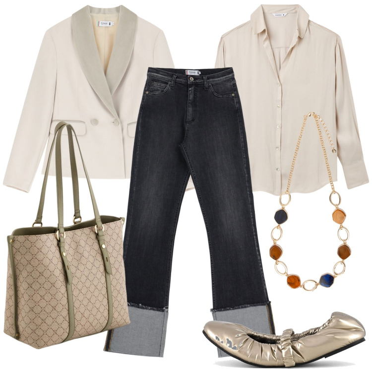 Outfit donna - Comincia versatile. Stile Casual chic per Ufficio. Abbinamento con jeans dritti, blazer, camicie, ballerine, shopping bag, collane.