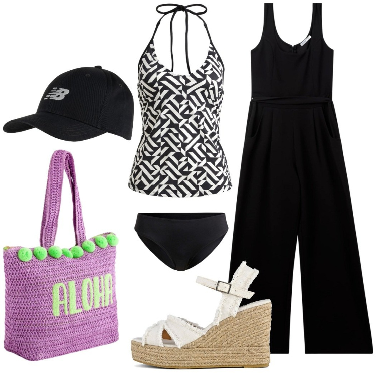 Outfit donna - Destinazione mare. Stile Casual chic per Mare. Abbinamento con costumi interi, tute, cappelli con visiera, sandali col tacco, shopping bag.