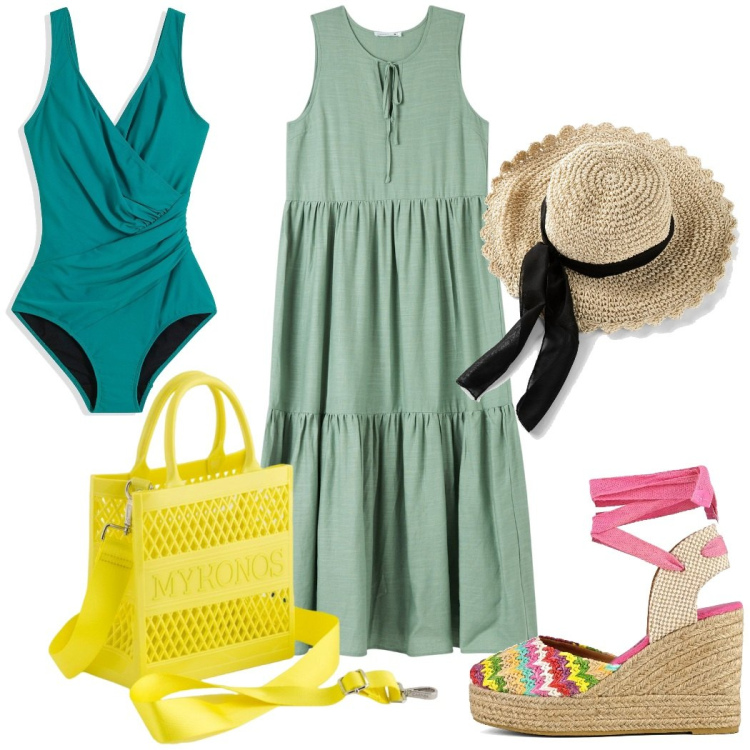 Outfit donna - Vacanze al mare. Stile Casual per Mare. Abbinamento con cappelli, costumi interi, vestiti senza maniche, borse a mano, sandali col tacco.