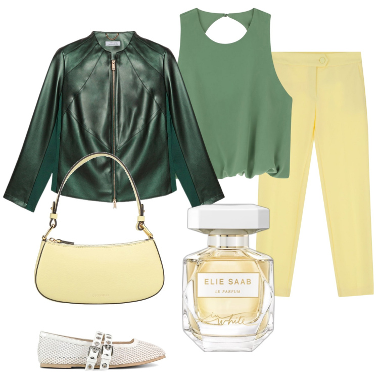 Outfit donna - Girasole. Stile Chic per Tutti i giorni. Abbinamento con borse a mano, profumi, pantaloni, top, blazer, ballerine.