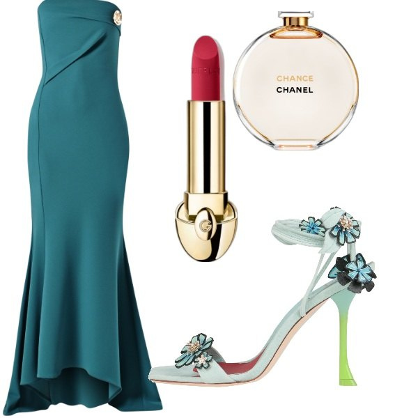 Outfit donna - matrimonio di sera. Stile Chic per Cerimonia. Abbinamento con sandali in pelle, rossetti, profumi, vestiti lunghi.
