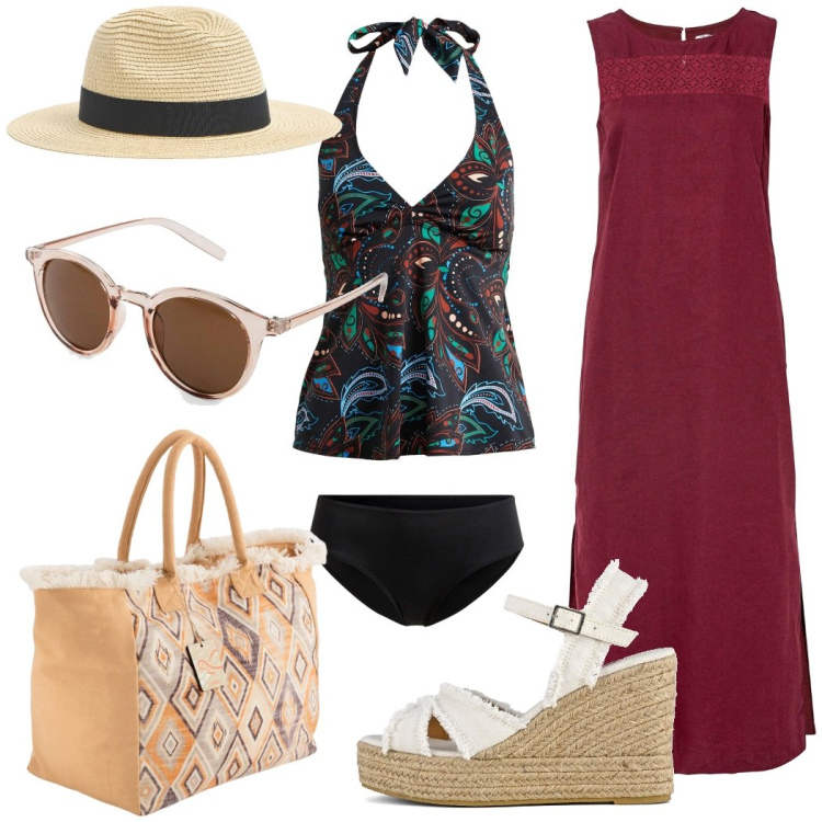 Outfit donna - In vacanza. Stile Etnico per Mare. Abbinamento con vestiti lunghi, occhiali da sole, costumi interi, cappelli, sandali col tacco, shopping bag.