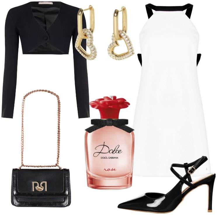 Outfit donna - Elegante in primavera - @Mery_844. Stile Bon Ton per Serata fuori. Abbinamento con profumi, orecchini, vestiti, décolleté, bolero, borse a tracolla.