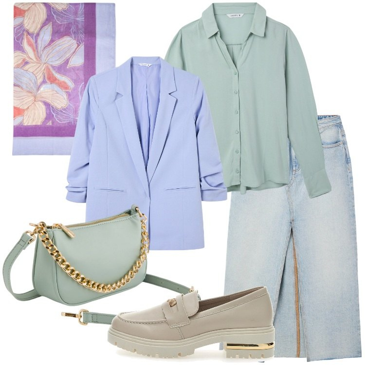 Outfit donna - I colori della rinascita Donna Curvy. Stile Basic per Tutti i giorni. Abbinamento con camicie, gonne lunghe, blazer, mocassini, borse a tracolla, stole.
