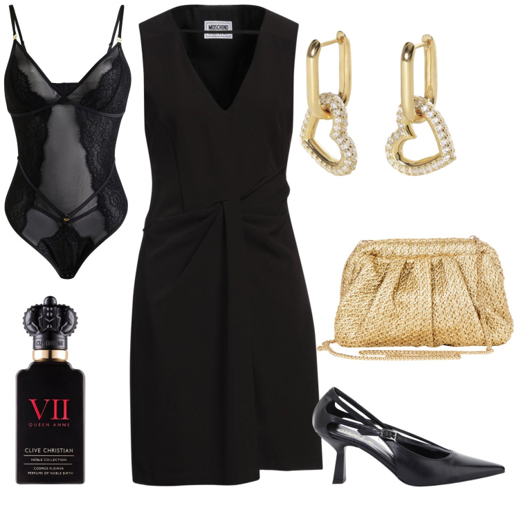 Outfit donna - Total look. Stile Glamour per Serata fuori. Abbinamento con vestiti corti, body, profumi, orecchini, clutch, décolleté.