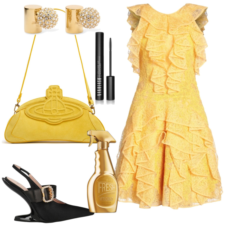 Outfit donna - Fresh yellow. Stile Chic per Cerimonia. Abbinamento con vestiti corti, décolleté, profumi, mascara, clutch, orecchini.