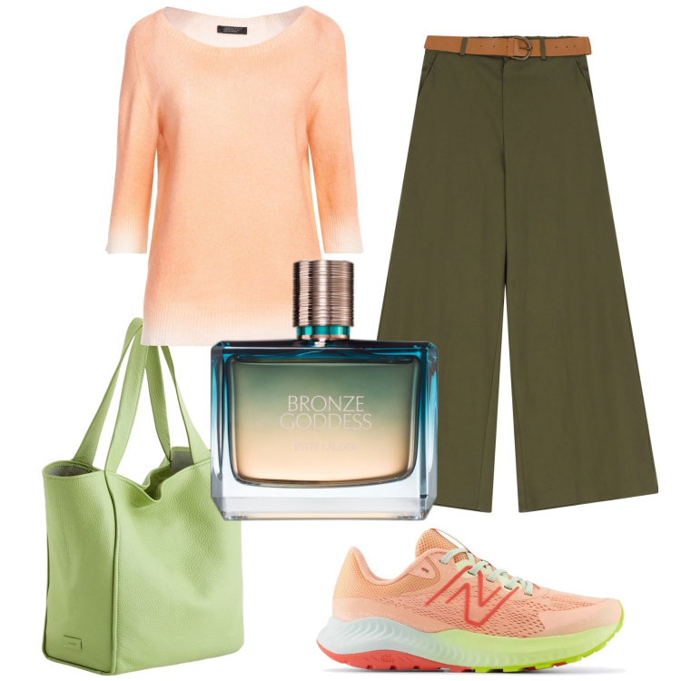 Outfit donna - Pesca e verde. Stile Casual per Tutti i giorni. Abbinamento con pullovers, profumi, sneakers, pantaloni, shopping bag.