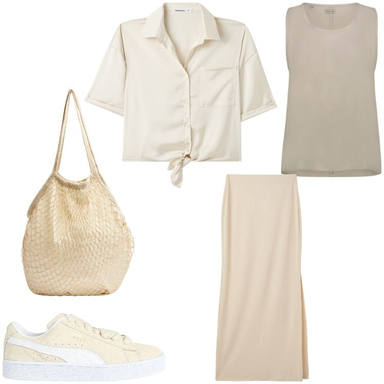 Outfit donna - Un giorno semplice. Stile Sporty chic per Tutti i giorni. Abbinamento con sneakers, gonne lunghe, camicie a manica corta, borse a tracolla, top.