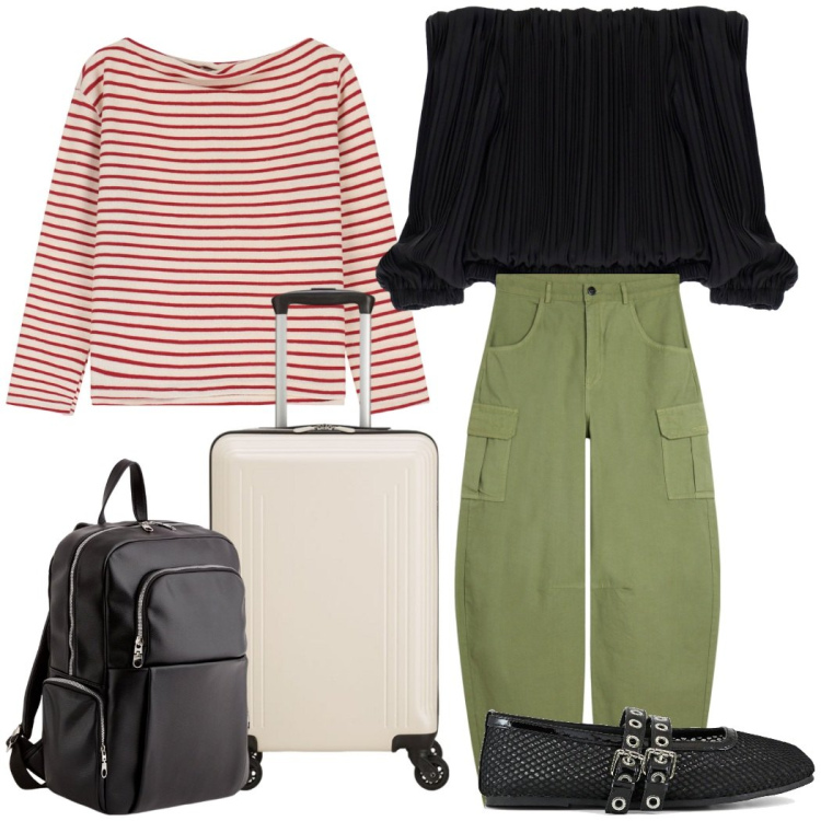 Outfit donna - In viaggio pantaloni giorno e sera. Stile Casual chic per Tutti i giorni. Abbinamento con top, pantaloni cargo, maglieria, ballerine, valigie, zaini.