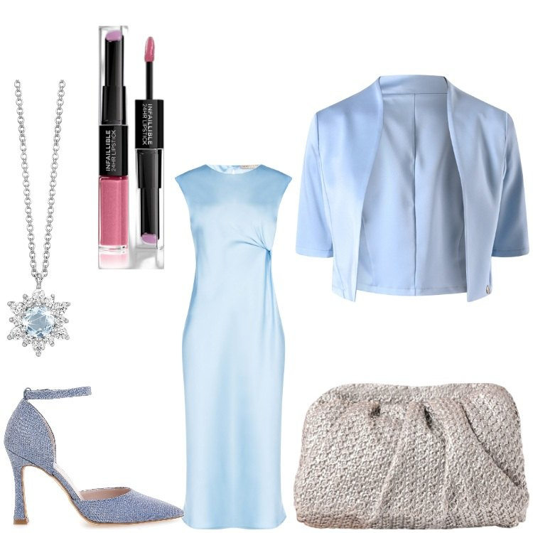 Outfit donna - Romantica. Stile Chic per Cerimonia. Abbinamento con rossetti, collane, vestiti midi/longuette, bolero, clutch, décolleté.