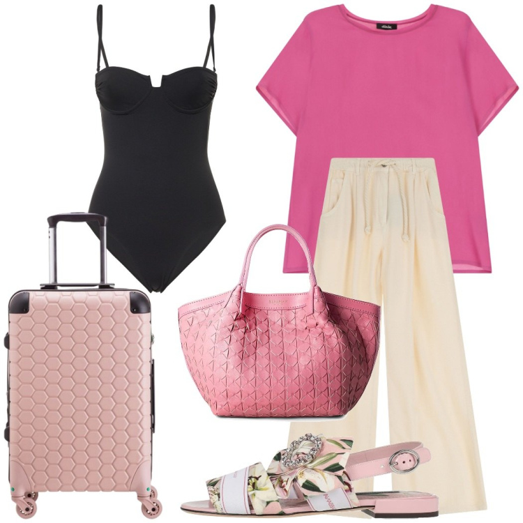 Outfit donna - Breve vacanza alle terme. Stile Chic per Mare. Abbinamento con borse a mano, sandali in pelle, jeans, t-shirt, valigie, costumi interi.