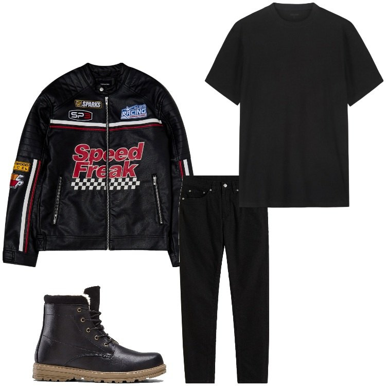 Outfit uomo - Un giro in moto. Stile Biker Rock per Tutti i giorni. Abbinamento con jeans slim fit, stivali e stivaletti, giacche, t-shirt.