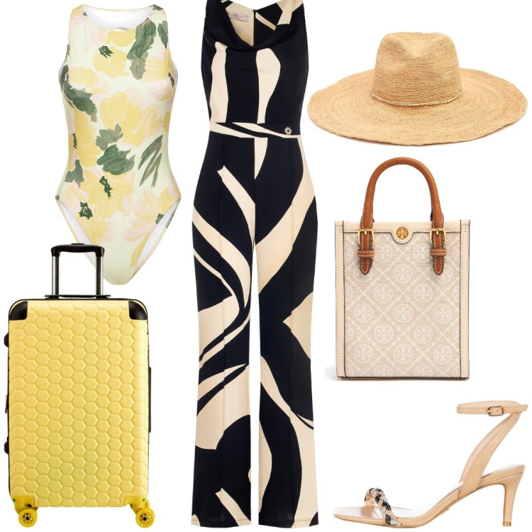 Outfit donna - Hotel con piscina. Stile Glamour per Mare. Abbinamento con sandali in pelle, tute, costumi interi, shopping bag, cappelli, valigie.